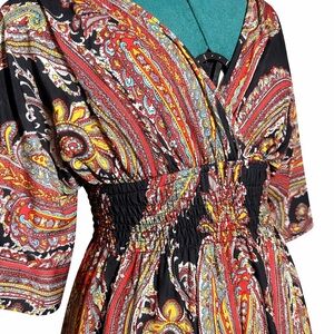 Fifth & Love Paisley Boho Maxi Dress Size M Black Red V-Neck Smocked Waist Comfy